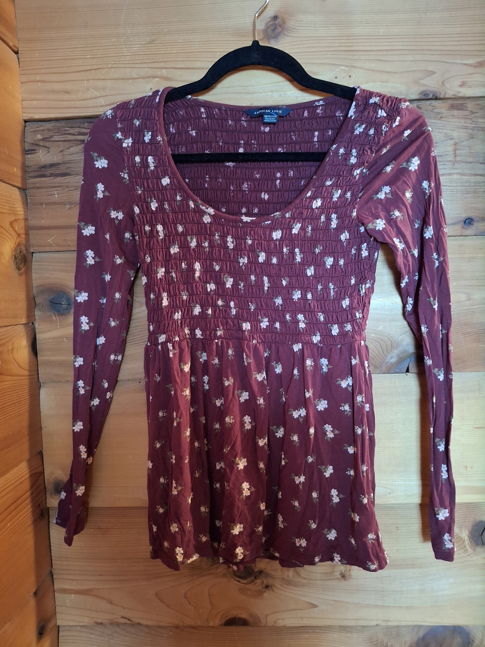 American Eagle Maroon Floral Smocked Scoop Neck Tunic